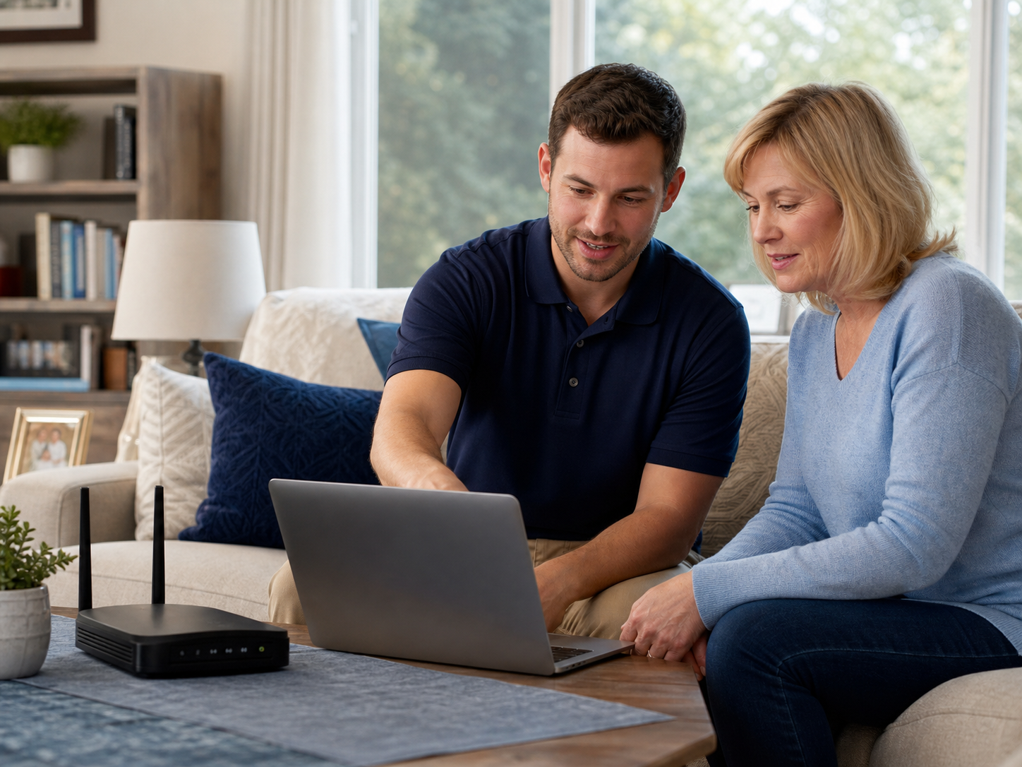 Local technician helping a homeowner with home technology